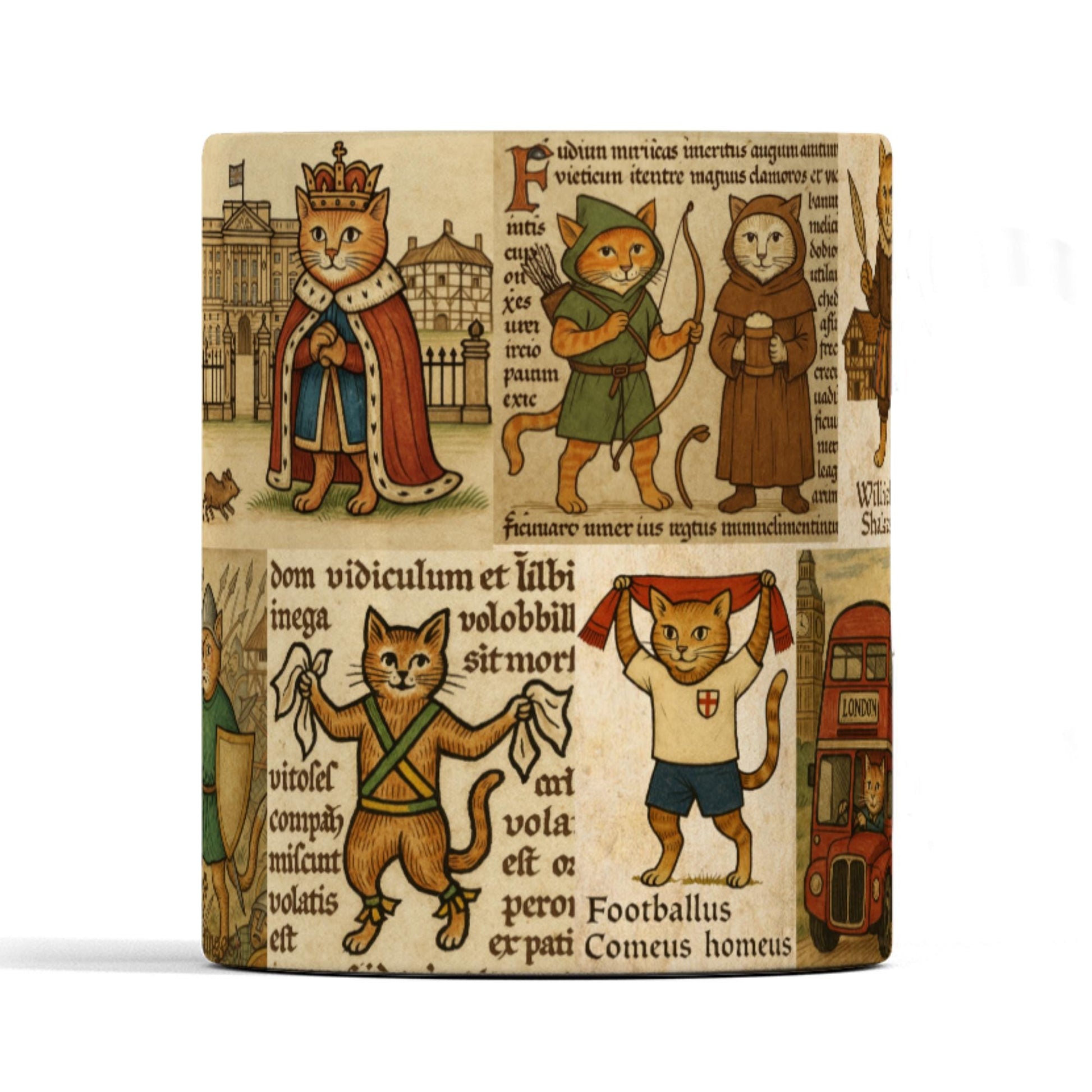 Cat mug featuring iconic English imagery: St George slaying dragon, Shakespeare, Robin Hood, and London bus. English flag.