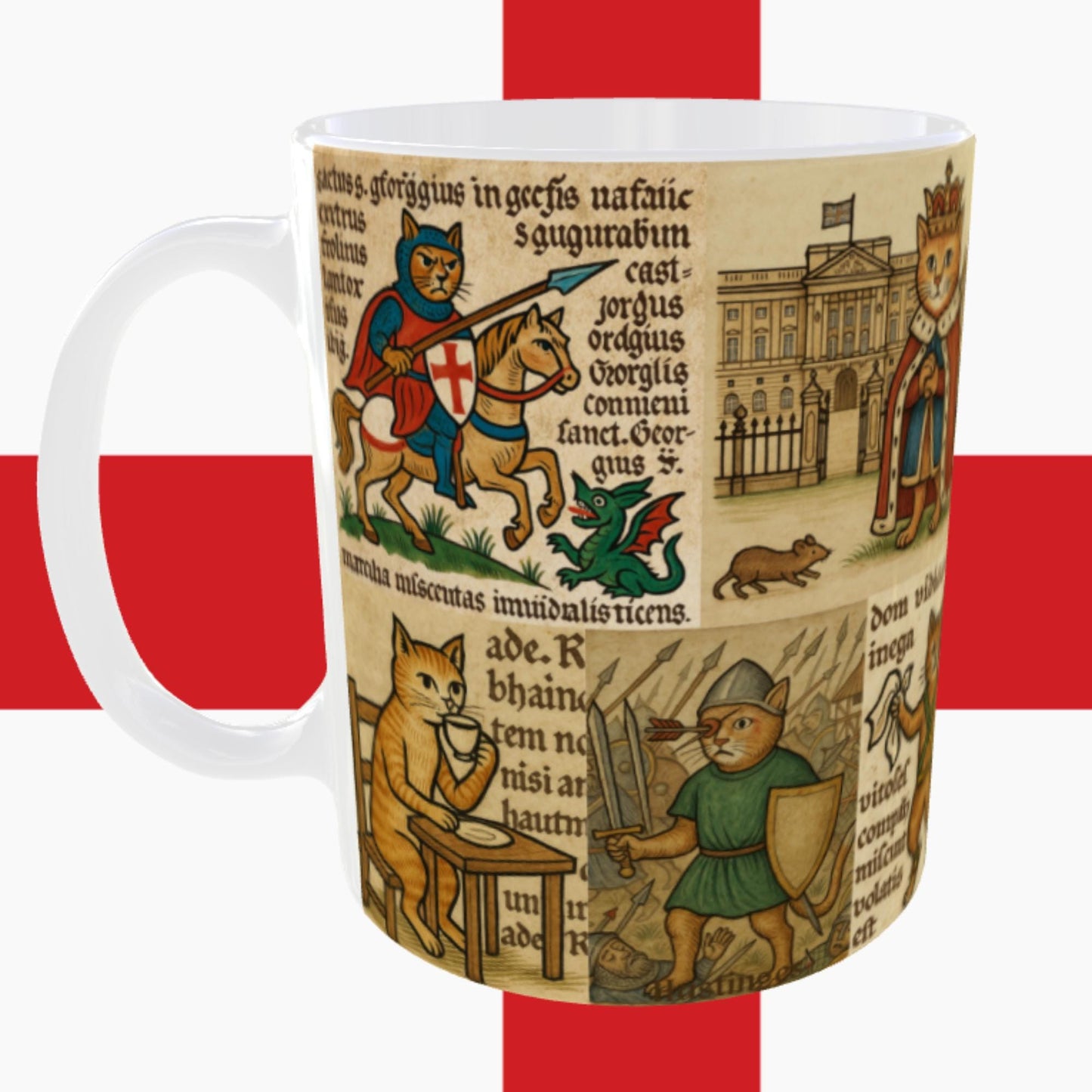 11oz ceramic English cats mug with wraparound design inspired by medieval marginalia.