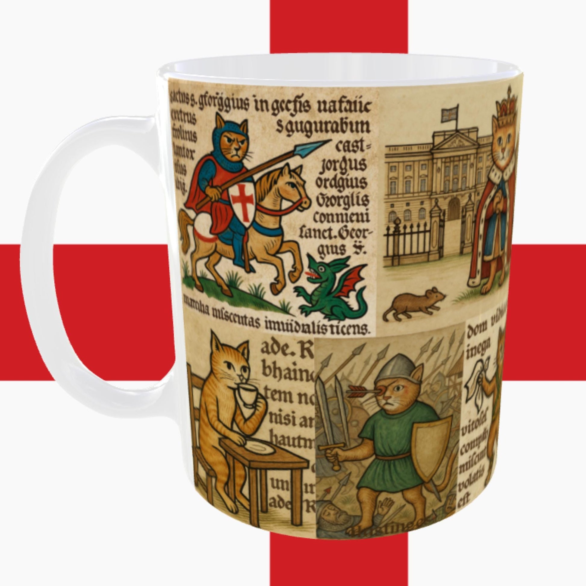 11oz ceramic English cats mug with wraparound design inspired by medieval marginalia.
