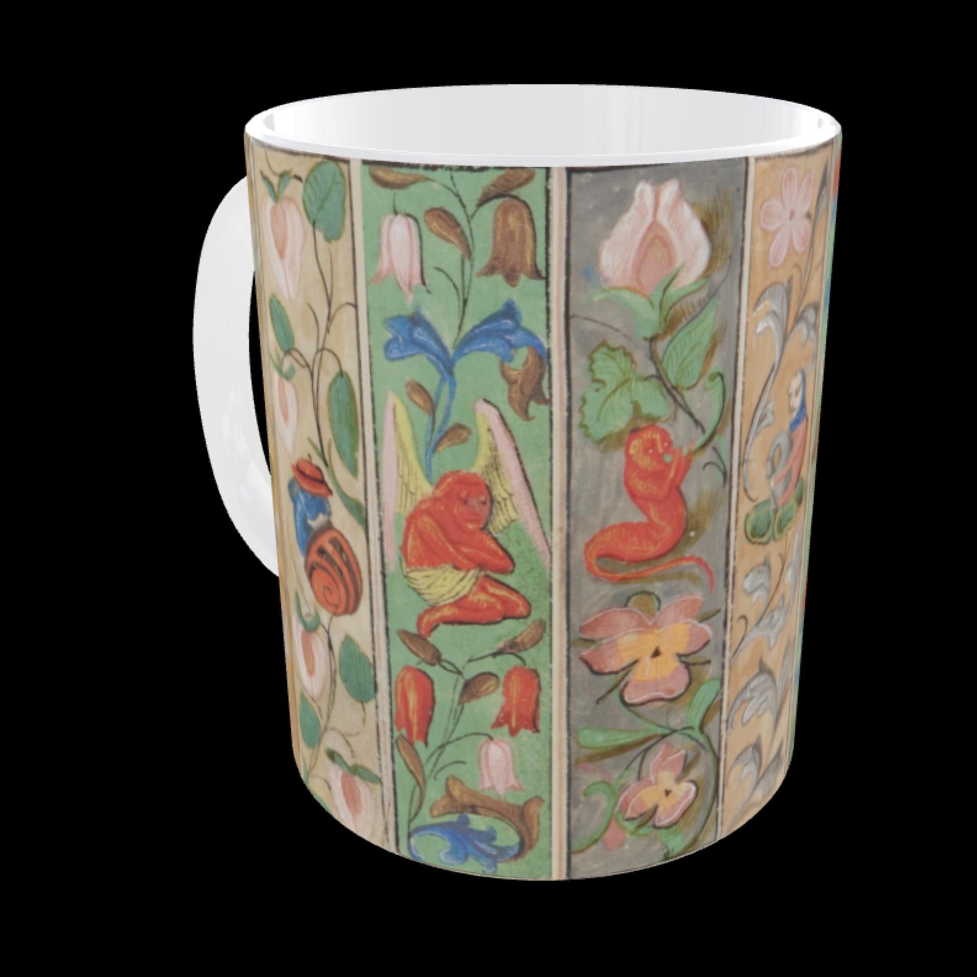 Illustrated manuscript border patterns wrapped around ceramic mug.