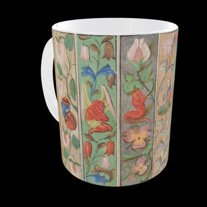 Illustrated manuscript border patterns wrapped around ceramic mug.