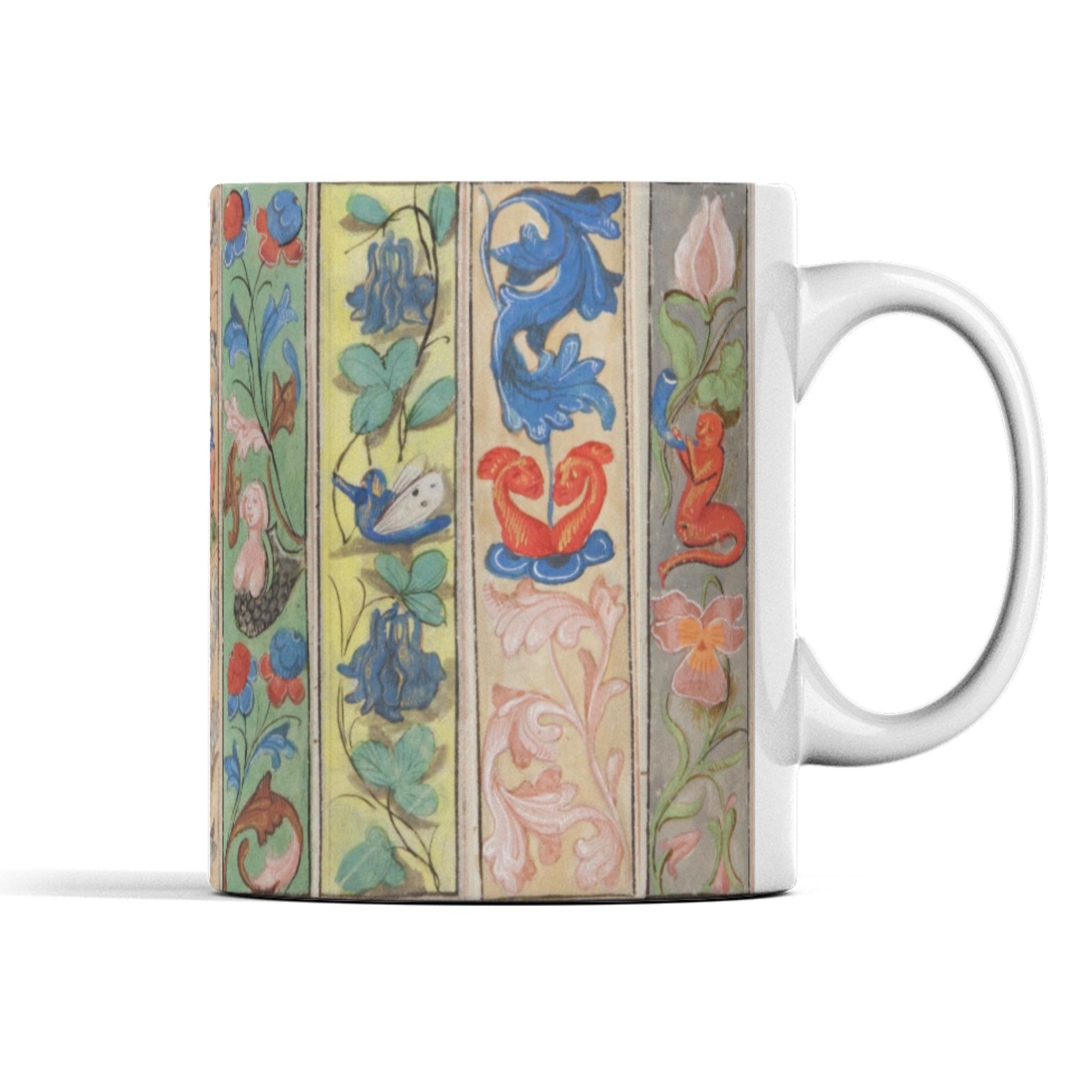 Medieval coffee mug showing illuminated illustrations and quirky figures.