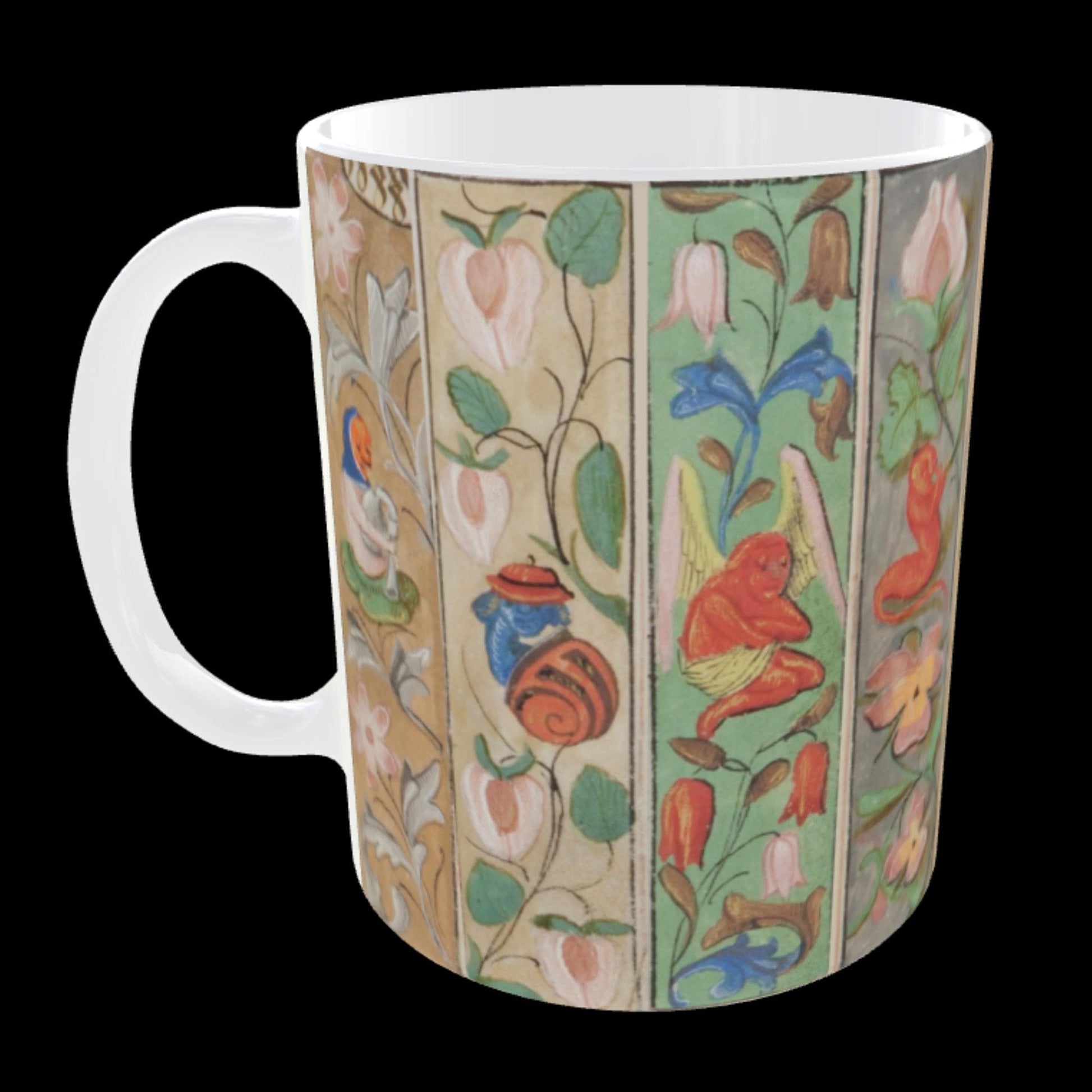 Gothic-style ceramic mug with manuscript marginalia artwork.