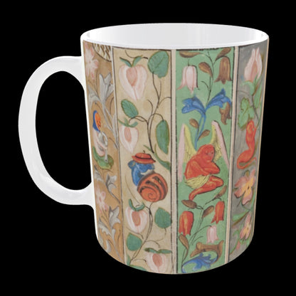 Gothic-style ceramic mug with manuscript marginalia artwork.