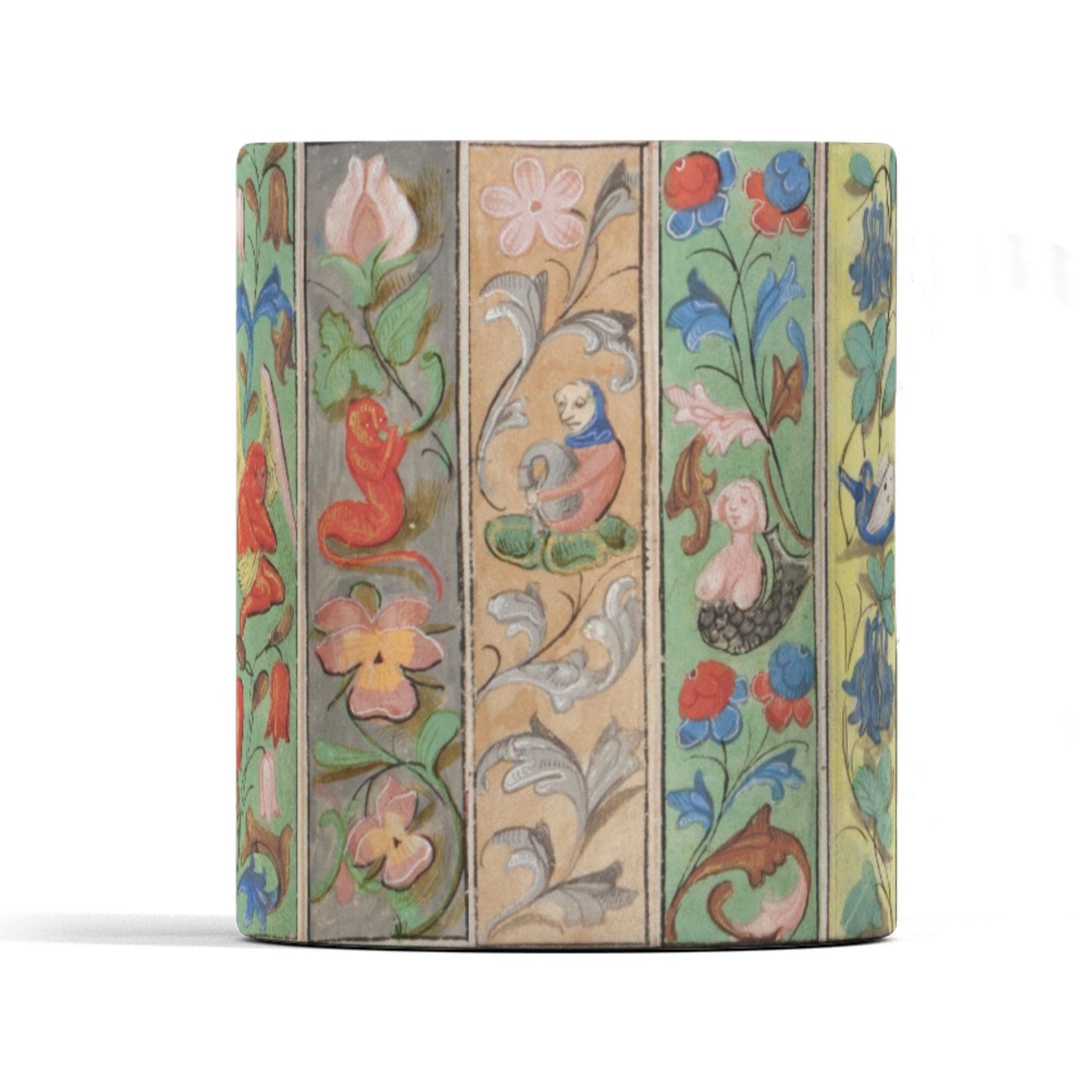 11oz mug with historic manuscript-inspired floral and creature designs.