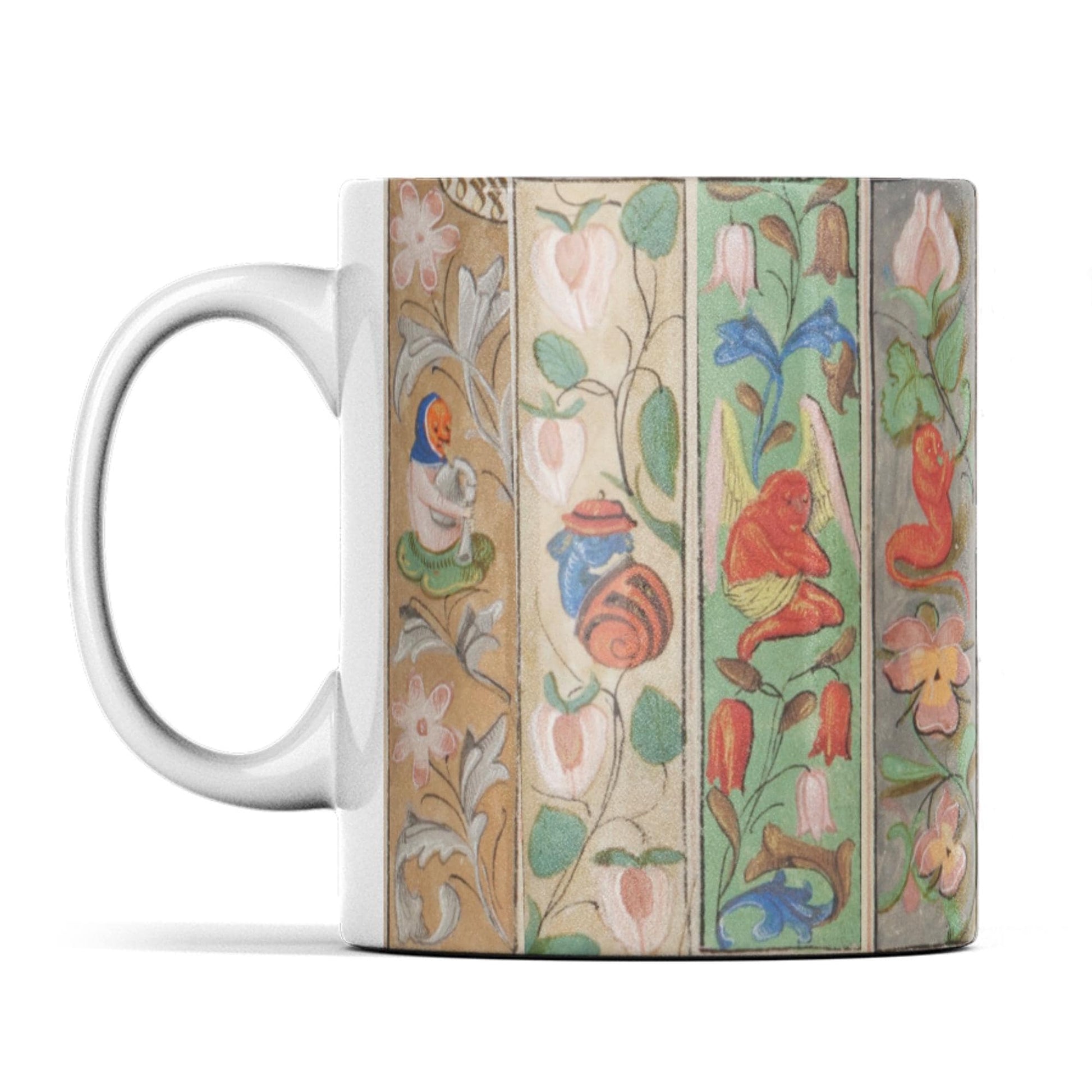 Medieval manuscript style mug with colourful illuminated marginalia design.