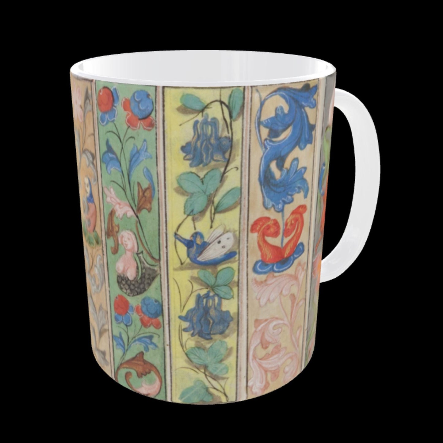 Quirky medieval art mug with floral scrolls and whimsical figures.