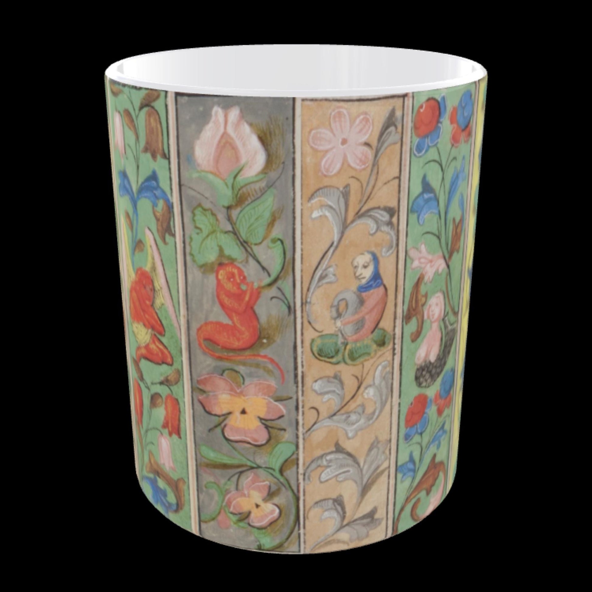 Coffee mug with medieval illuminated manuscript creatures and flowers.