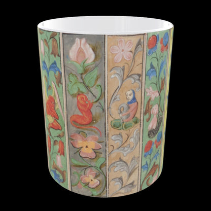 Coffee mug with medieval illuminated manuscript creatures and flowers.