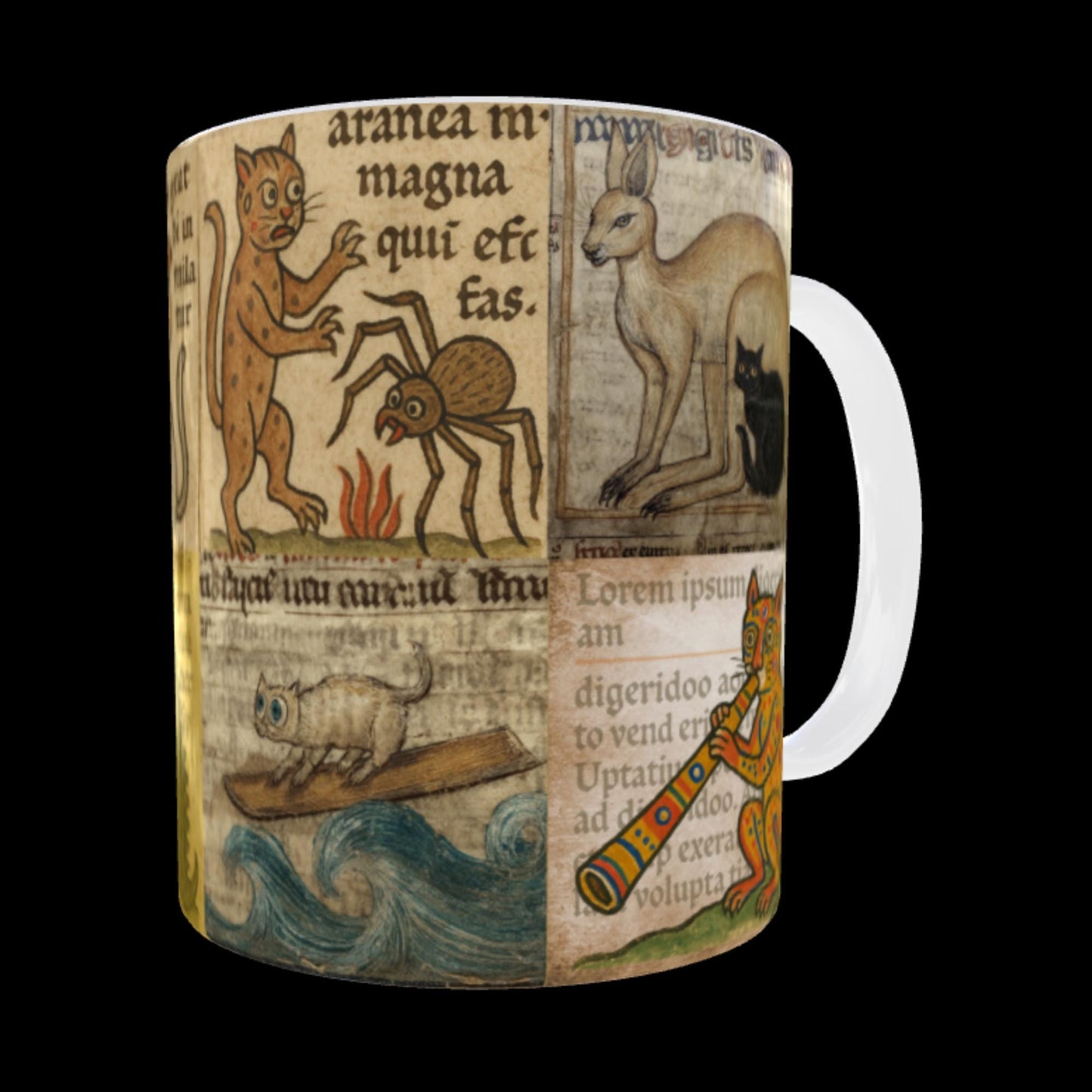 Quirky Australian cats in medieval art on ceramic cup for him or her.