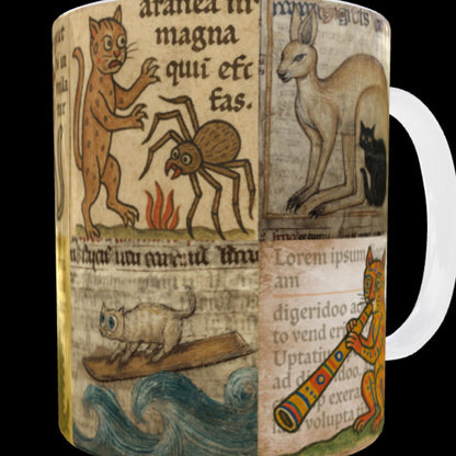 Borderless wrap medieval cat illustration on mug, Christmas gift idea. Dark academia gift.