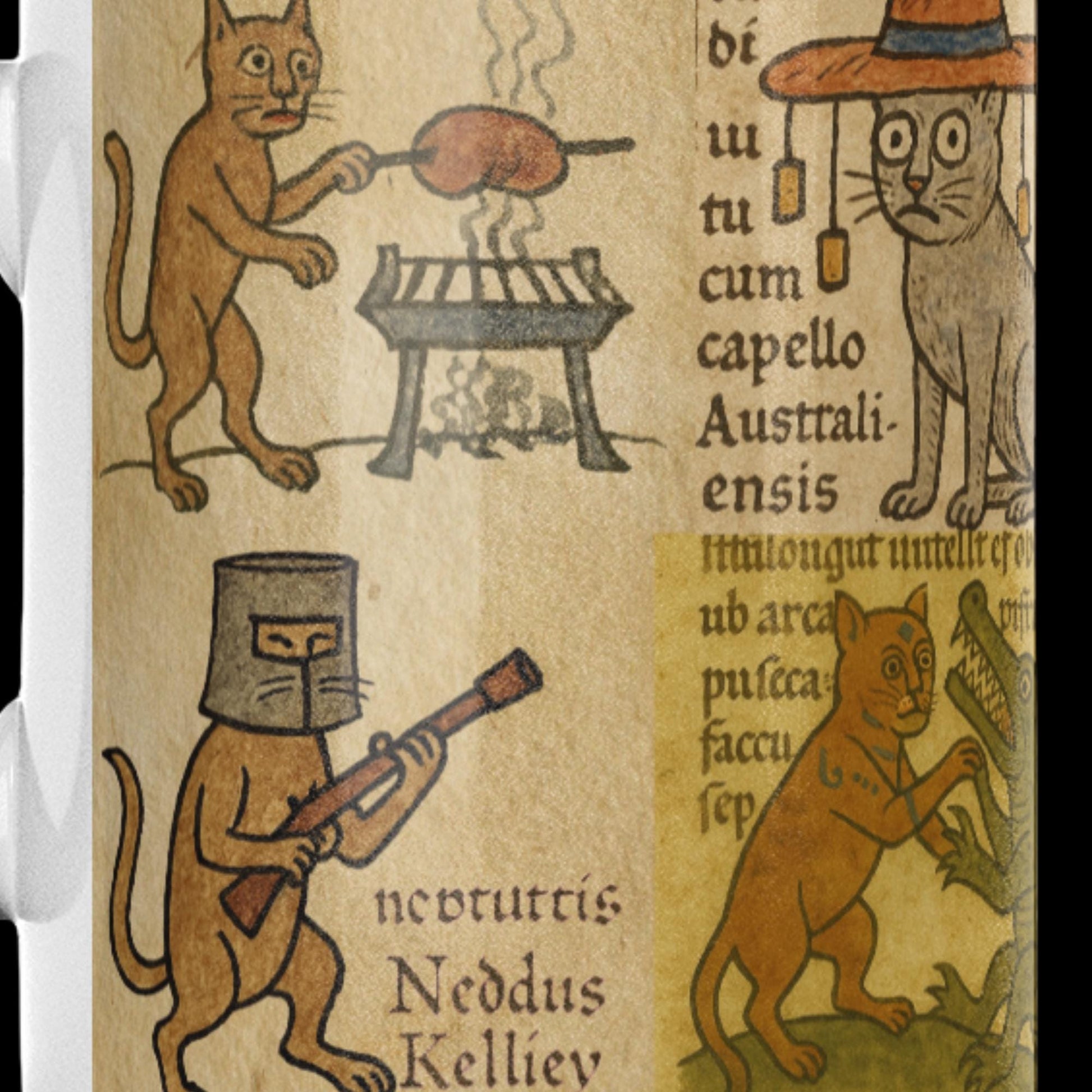 Coffee mug with manuscript-style Australian cats, 11oz ceramic birthday present.