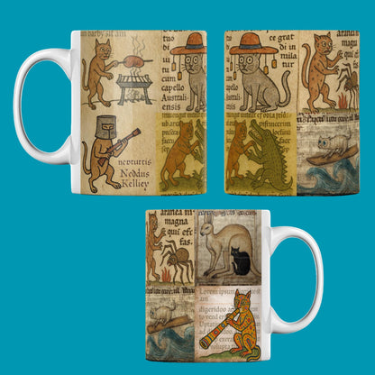 Funny medieval cat mug with Aussie scenes, ideal Secret Santa gift.