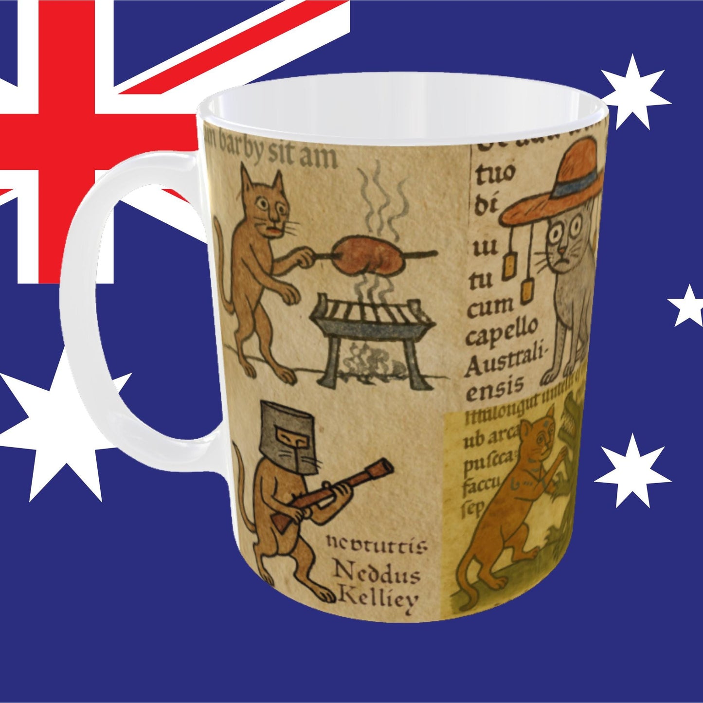 Ceramic tea mug featuring Australian cats in medieval style, retirement gift.