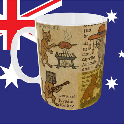 Ceramic tea mug featuring Australian cats in medieval style, retirement gift.