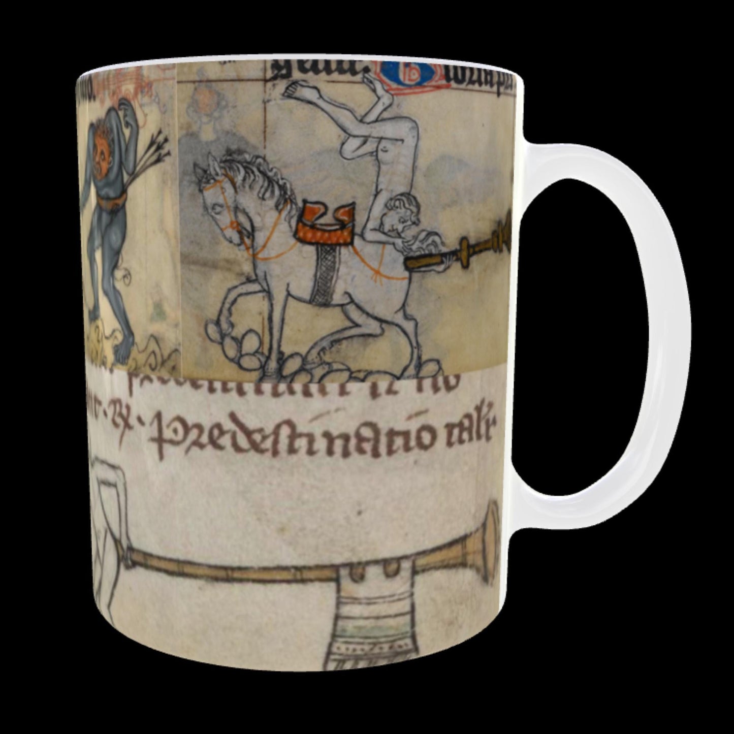 Funny medieval manuscript mug for history lovers; parchment tones and quirky figures.