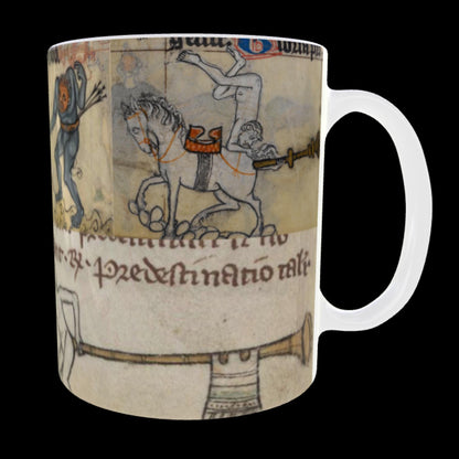 Funny medieval manuscript mug for history lovers; parchment tones and quirky figures.