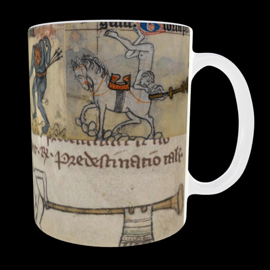 Funny medieval manuscript mug for history lovers; parchment tones and quirky figures.