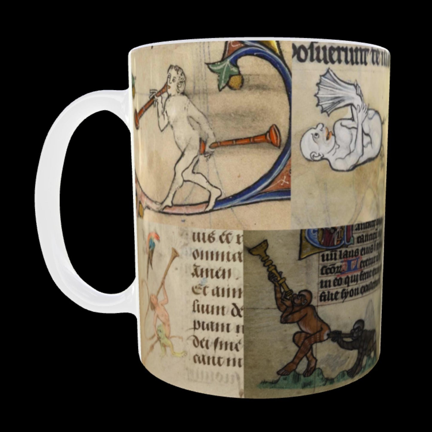 Borderless collage mug of cheeky marginalia art, ideal Secret Santa for academics.