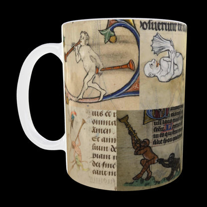 Borderless collage mug of cheeky marginalia art, ideal Secret Santa for academics.