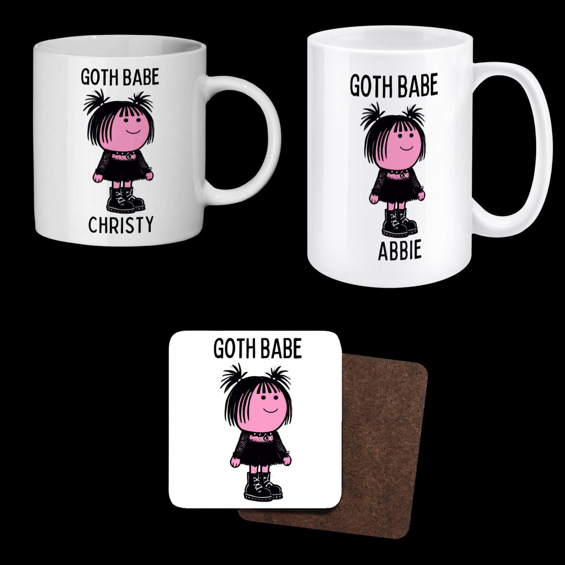 Goth mug and coaster set personalised for her.