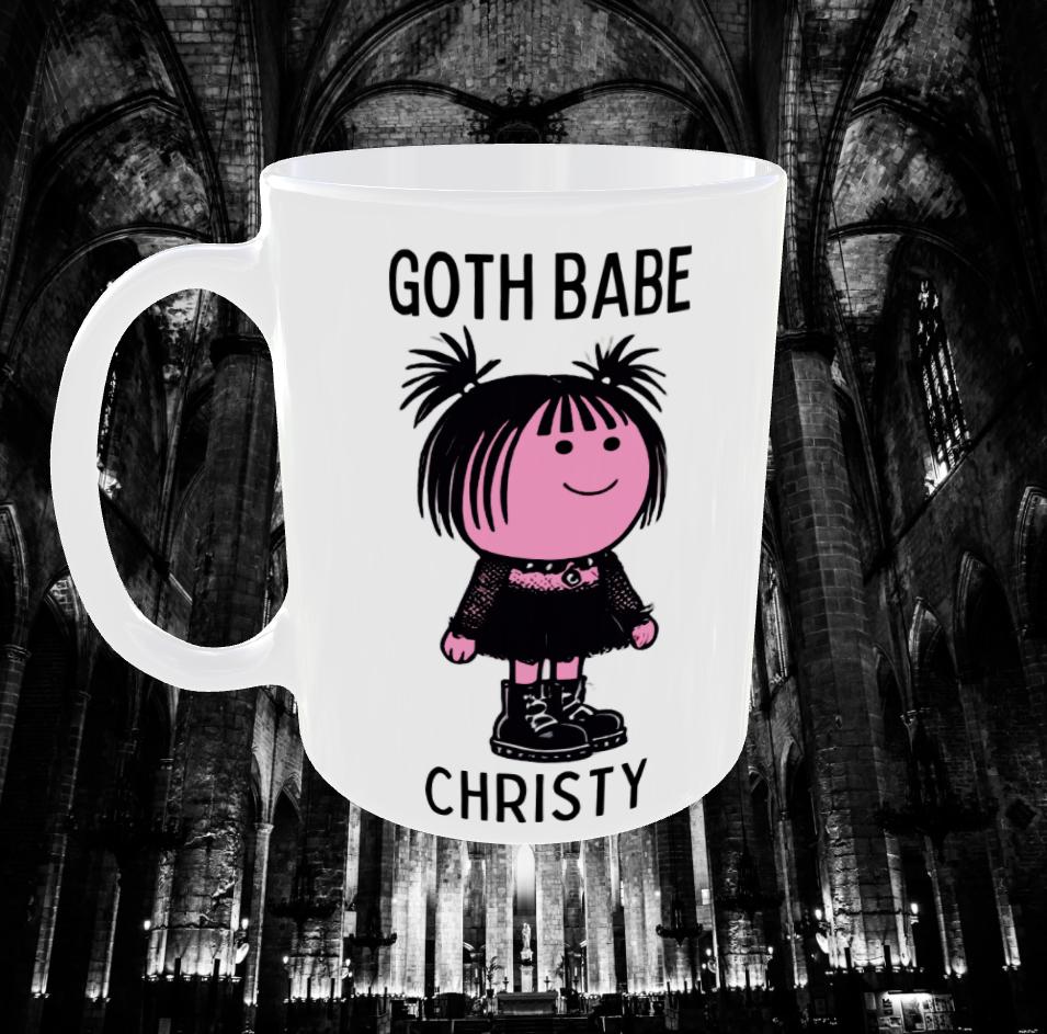Glossy white ceramic mug with Goth Babe print.