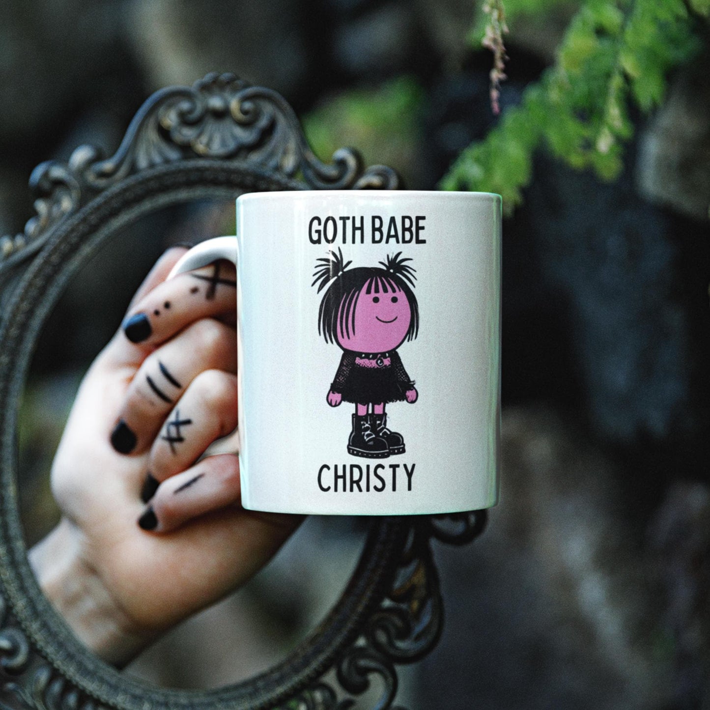 Personalised goth mug with Goth Babe cartoon for alt girls.