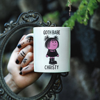 Personalised goth mug with Goth Babe cartoon for alt girls.