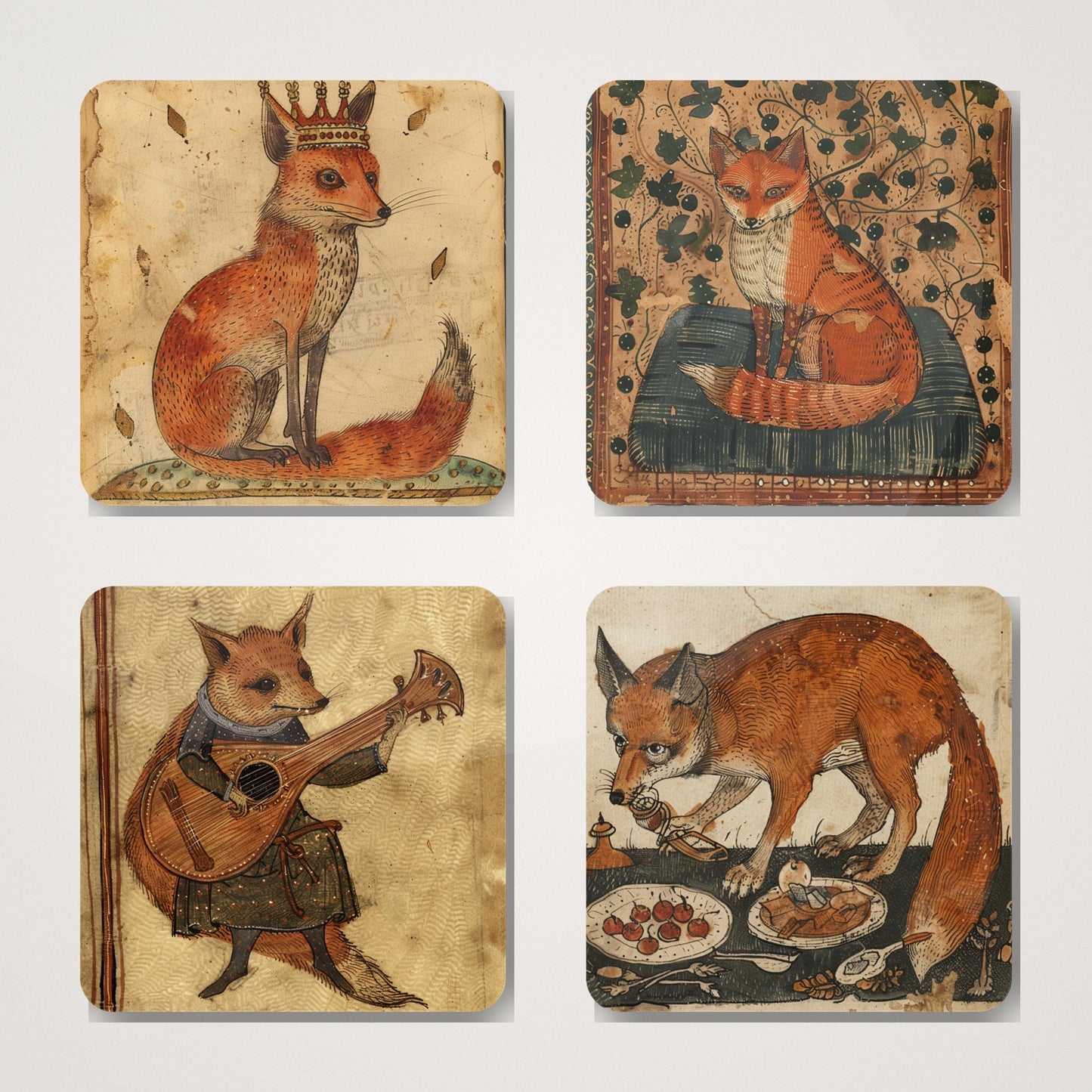 Fox Coasters, Pack of 4 Coasters, Medieval Foxes