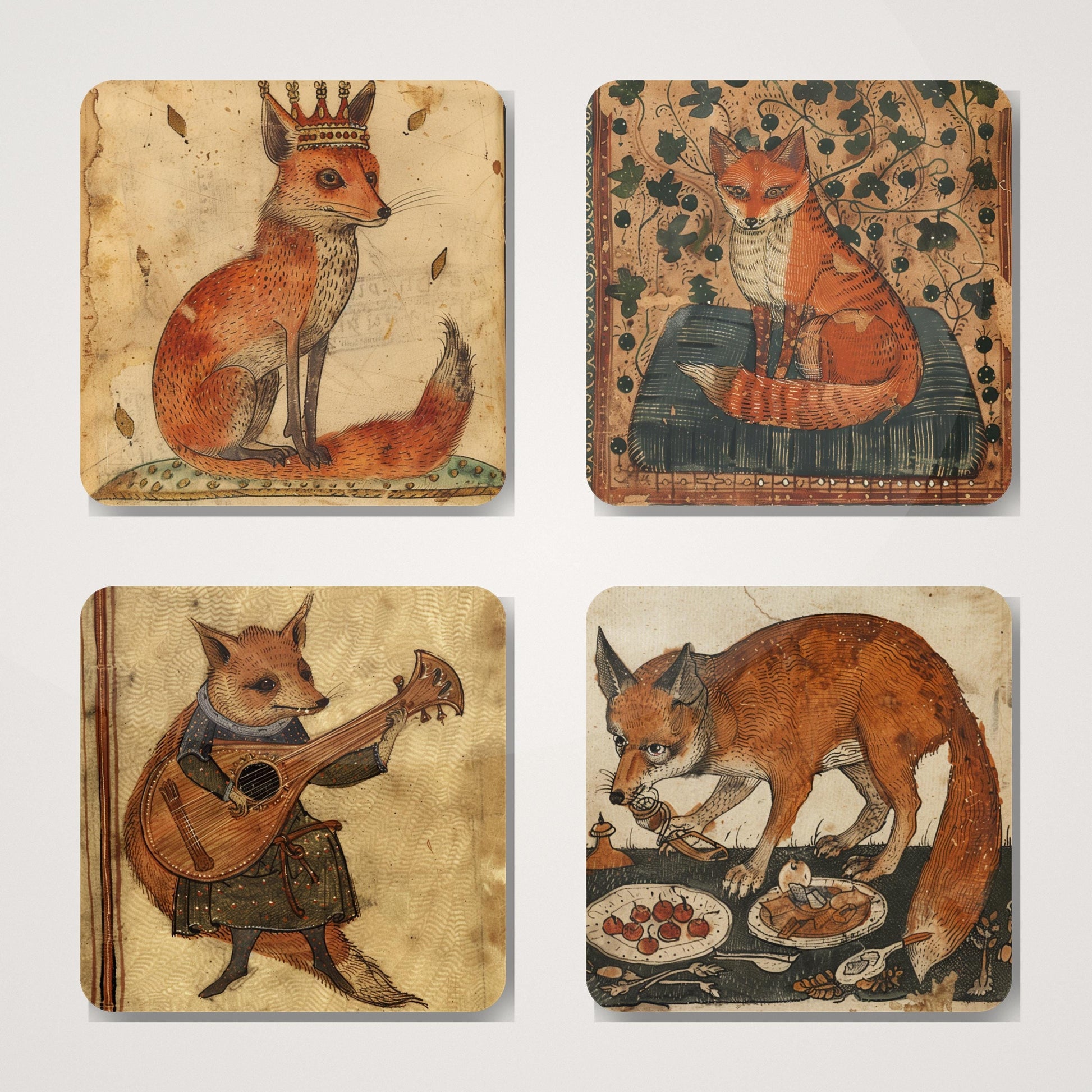 Fox Coasters, Pack of 4 Coasters, Medieval Foxes