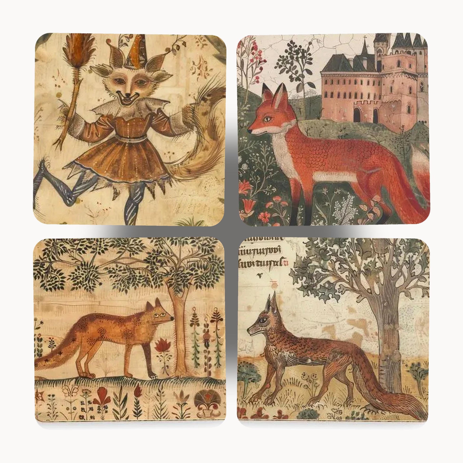 medieval fox coasters showing fine line work and colour detail
