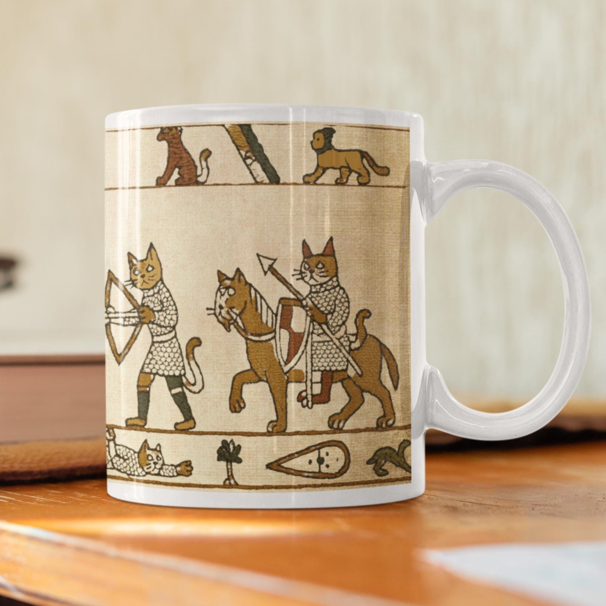 Vintage parchment toned tapestry of cats in chainmail, King Harold on ceramic mug