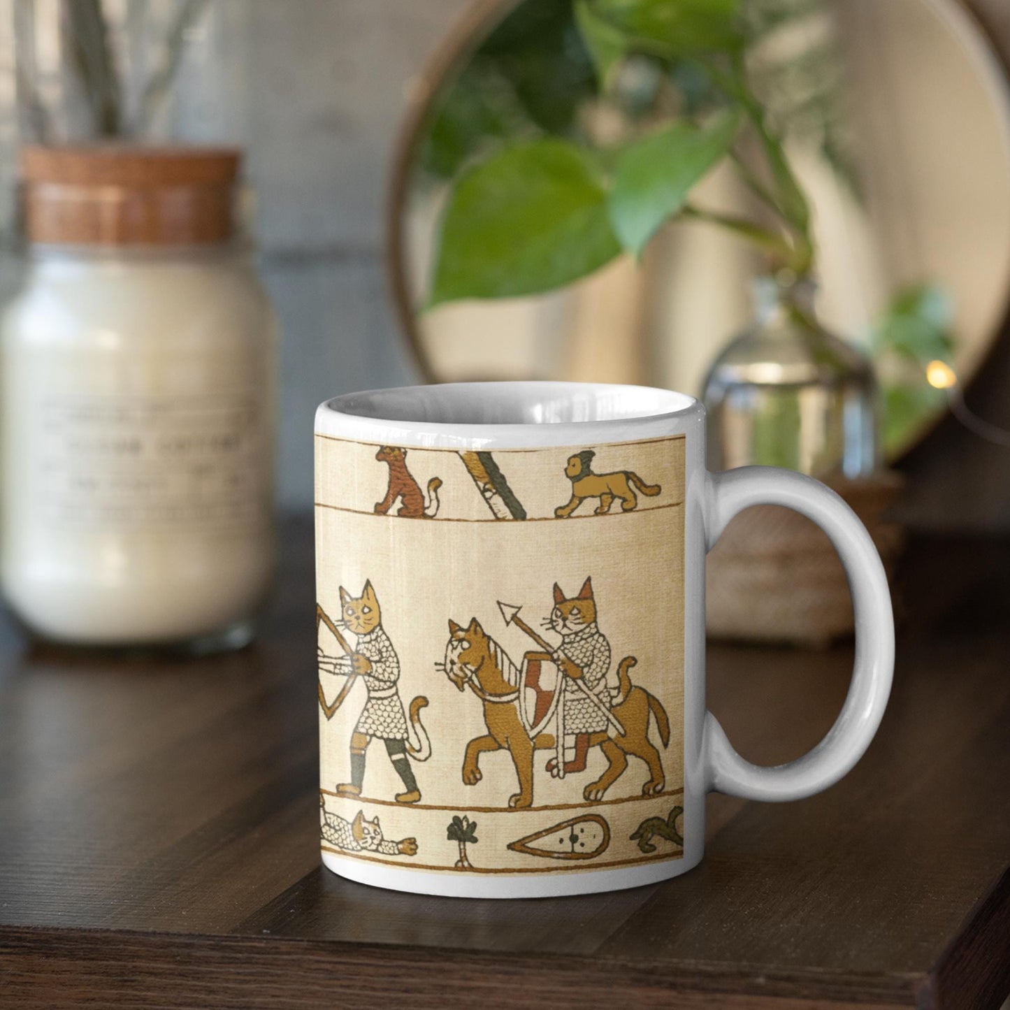 Medieval history cat mug with Bayeux lettering accents, 1066 Norman Conquest