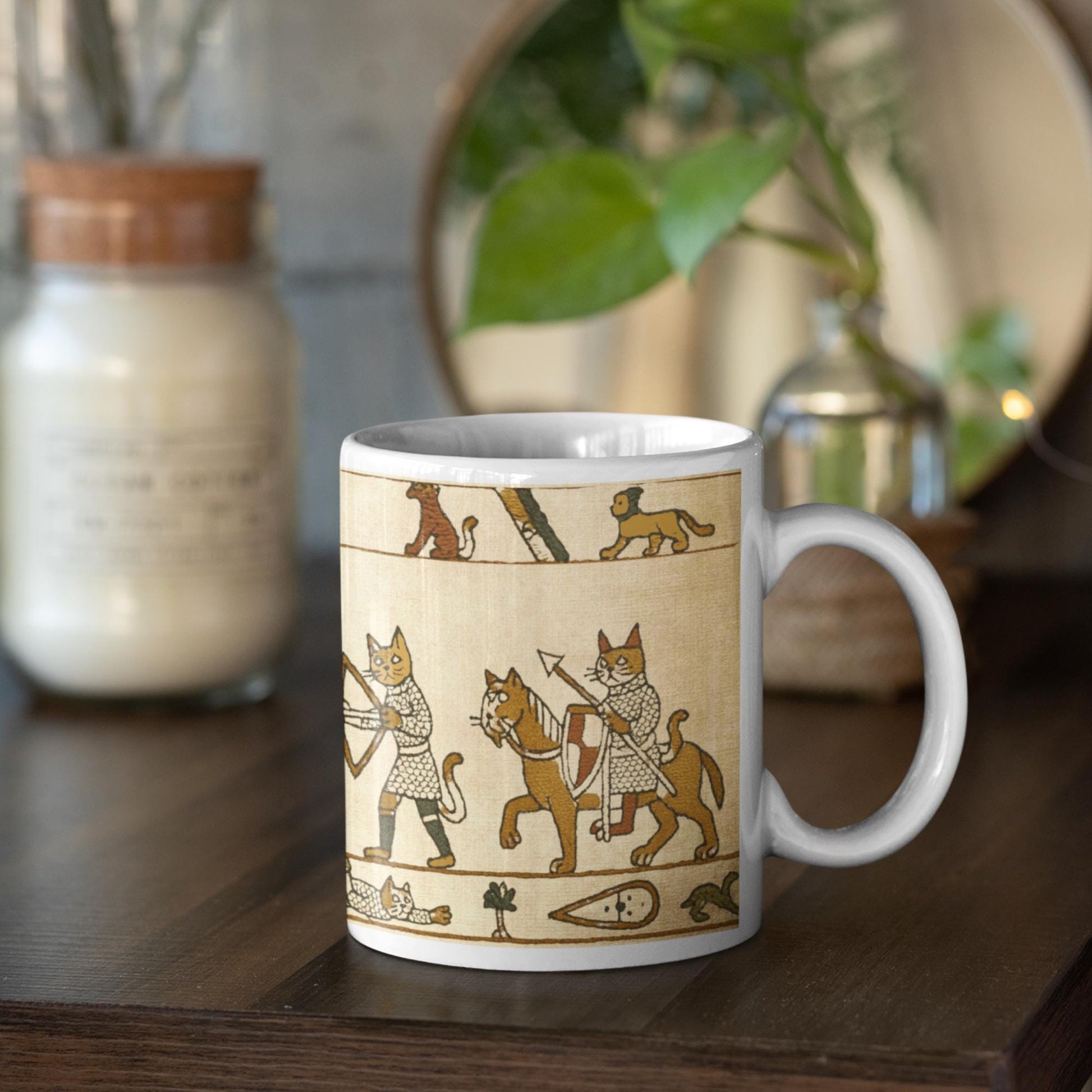 Medieval history cat mug with Bayeux lettering accents, 1066 Norman Conquest