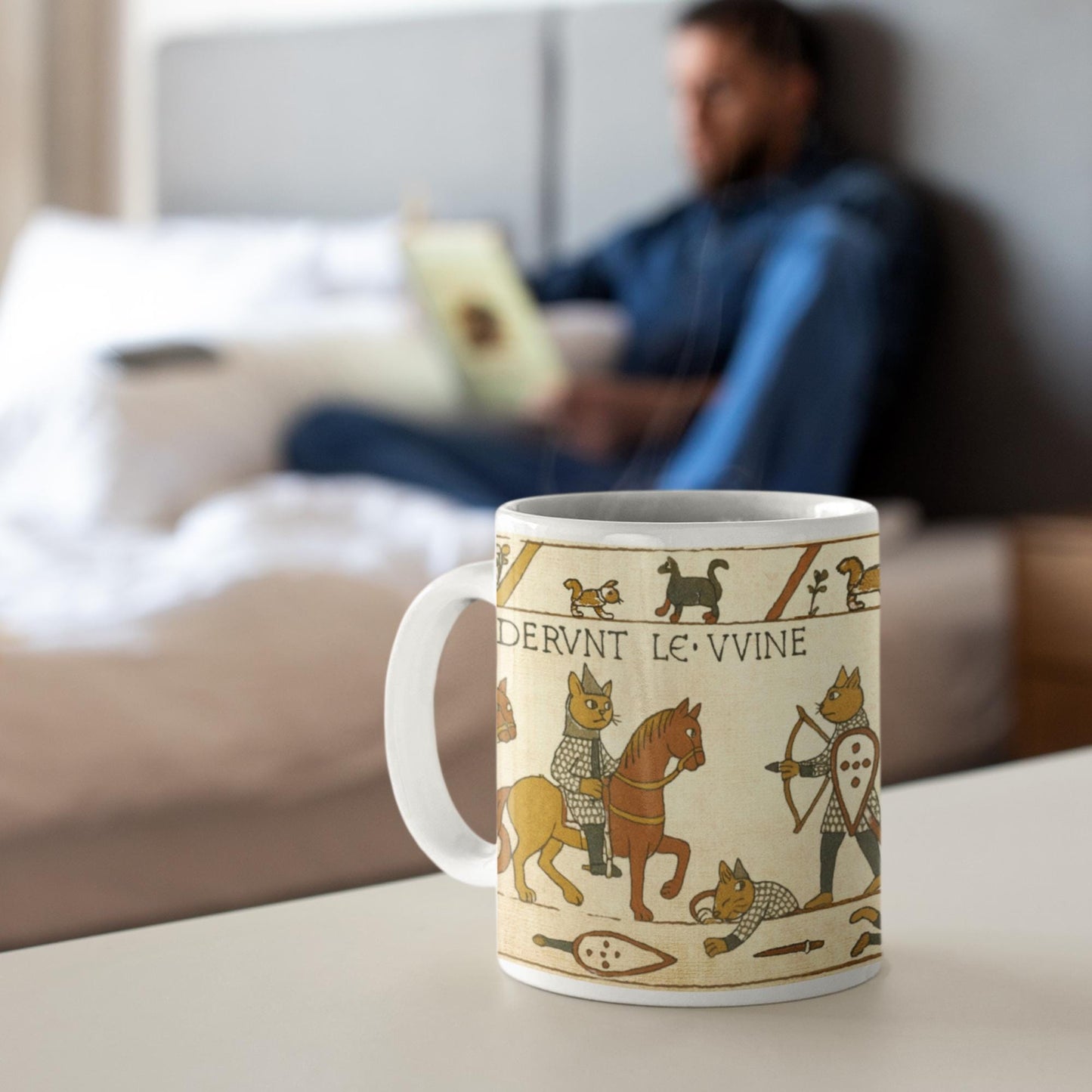 11oz ceramic mug with Bayeux tapestry style cats in armour, ideal for history lovers and cat owners