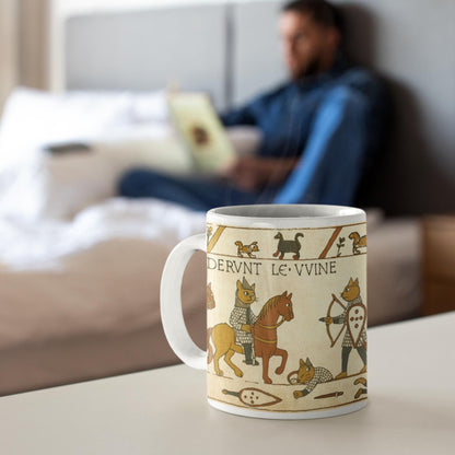 11oz ceramic mug with Bayeux tapestry style cats in armour, ideal for history lovers and cat owners