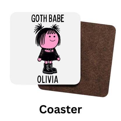 Personalised Goth Babe Mug or Coaster, Add Name, Cute Gothic Gift for Her, Goth Girlfriend, Goth Gifts