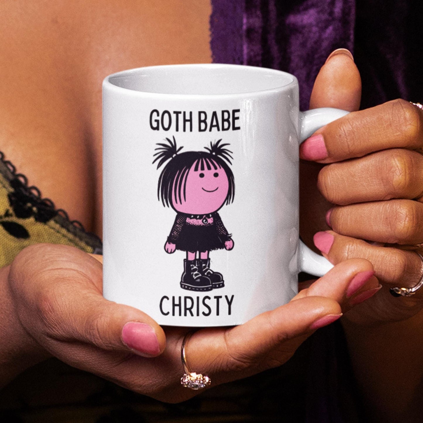 Personalised Goth Babe Mug or Coaster, Add Name, Cute Gothic Gift for Her, Goth Girlfriend, Goth Gifts