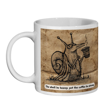 Gothic gift mug with medieval snail illustration and coffee