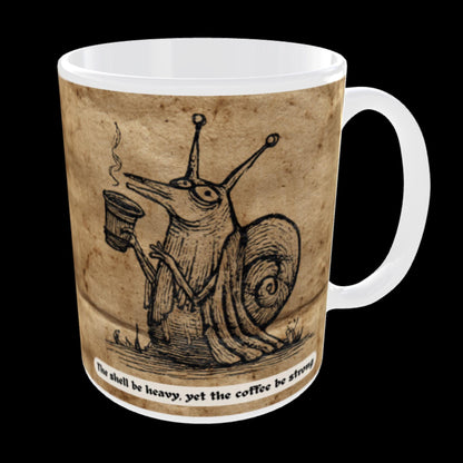 Snail holding steaming mug in medieval manuscript style design