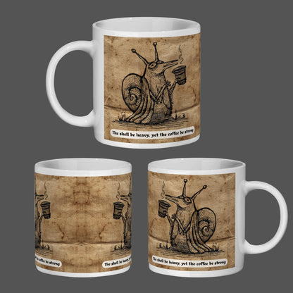 Humorous medieval-style snail drinking coffee on parchment design