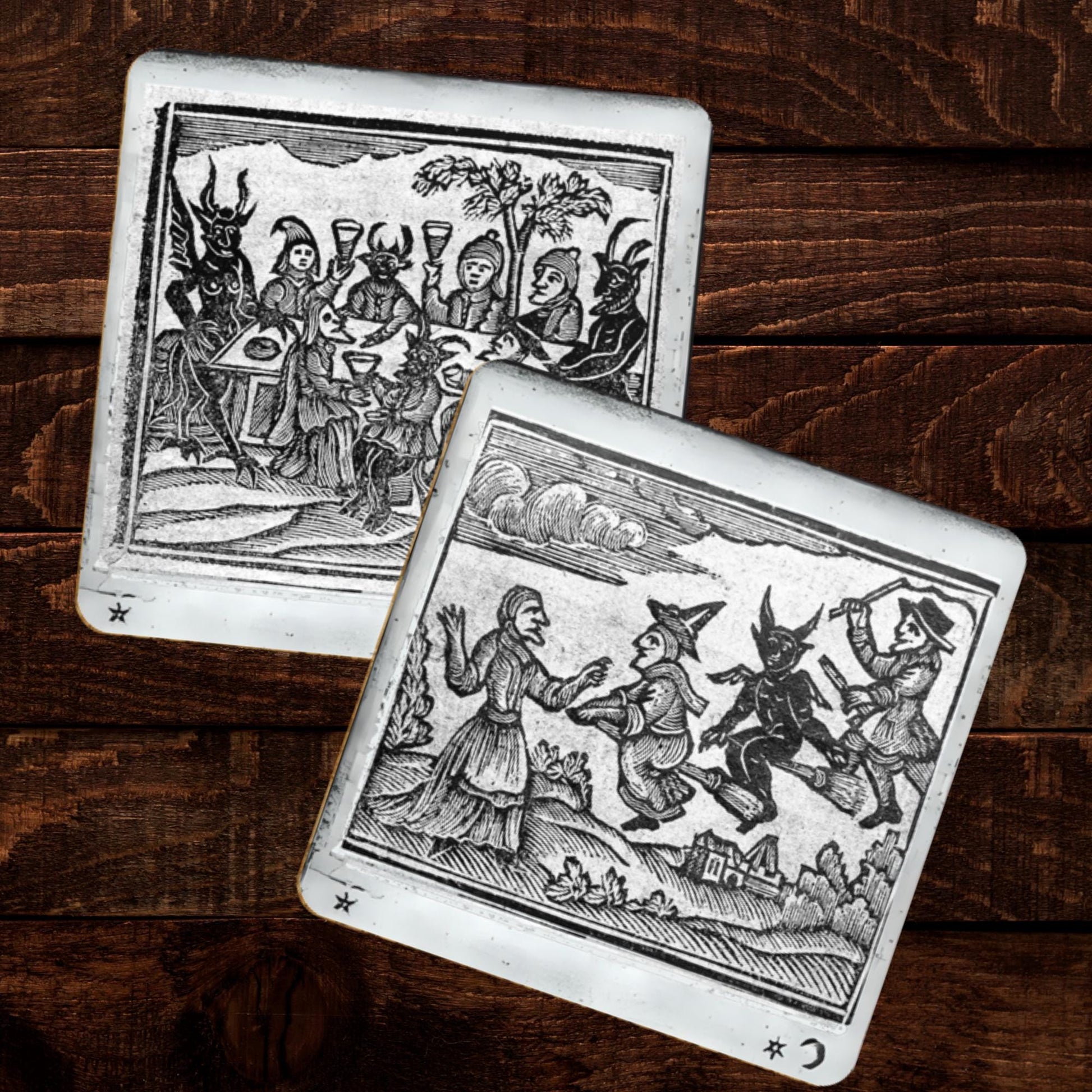 Witchcraft Coasters (Set of 4) – 1720 Witches & Demons Vintage Woodcut