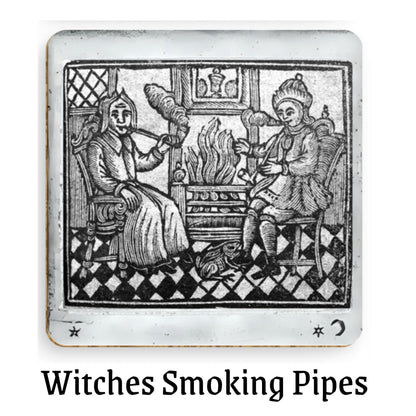 Coaster 4 (Witches smoking by the fire):
&quot;18th-century witches seated by a fireplace smoking pipes, eerie domestic scene from The History of Witches and Wizards, perfect for witchy home style.&quot;