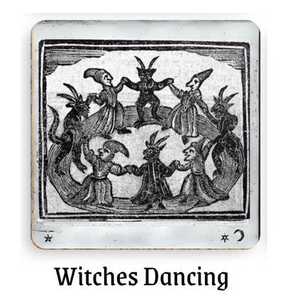 Coaster 3 (Witches and demons dancing in a circle):
&quot;Old woodcut of witches and horned demons dancing hand-in-hand in a ritual circle, creepy vintage illustration from 1720.&quot;