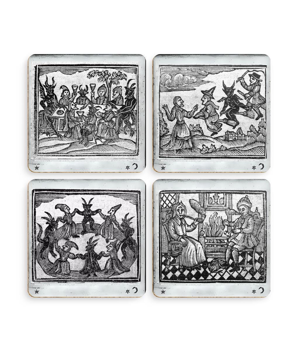 Witchcraft Coasters (Set of 4) – 1720 Witches & Demons Vintage Woodcut