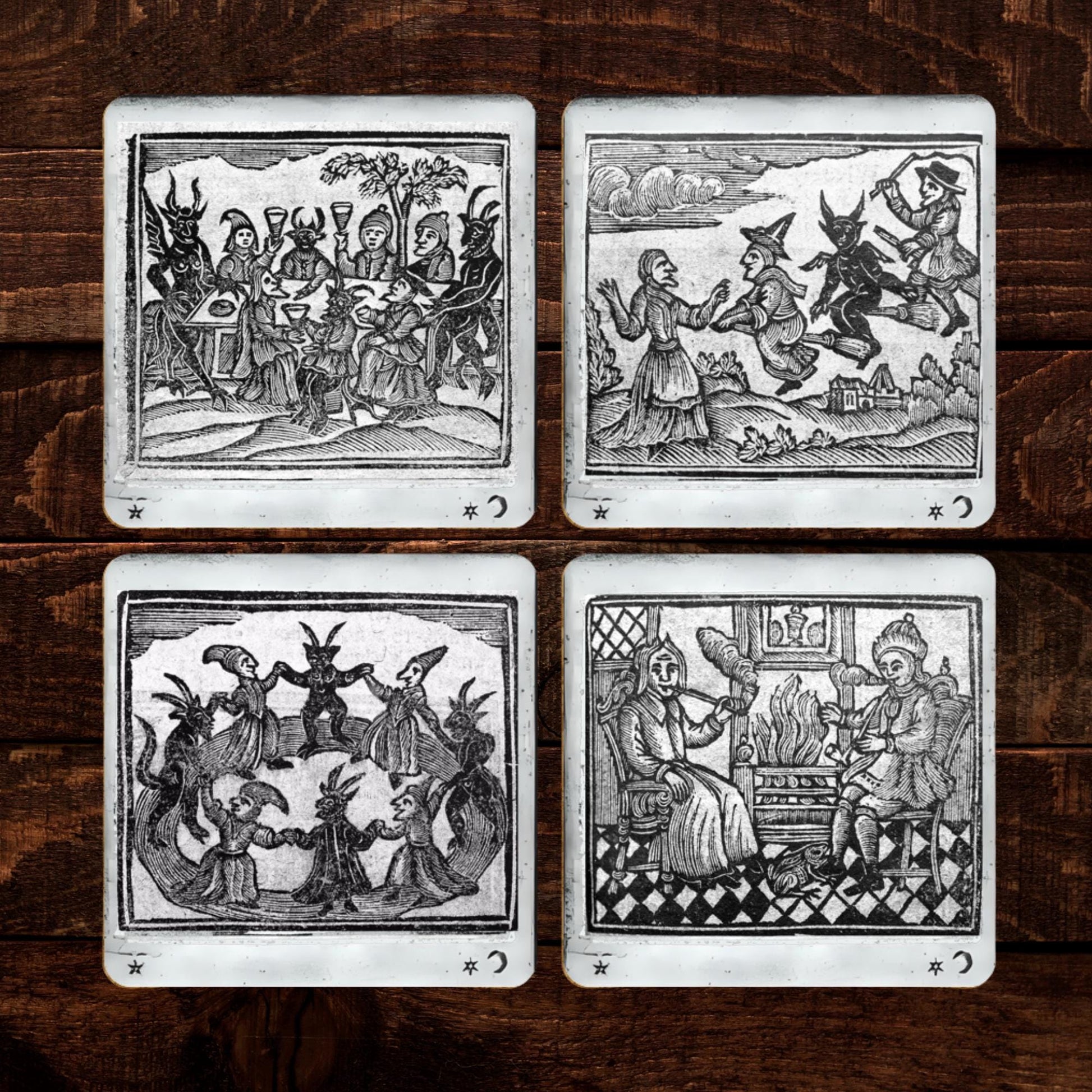 Witchcraft Coasters (Set of 4) – 1720 Witches & Demons Vintage Woodcut
