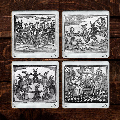 Witchcraft Coasters (Set of 4) – 1720 Witches & Demons Vintage Woodcut