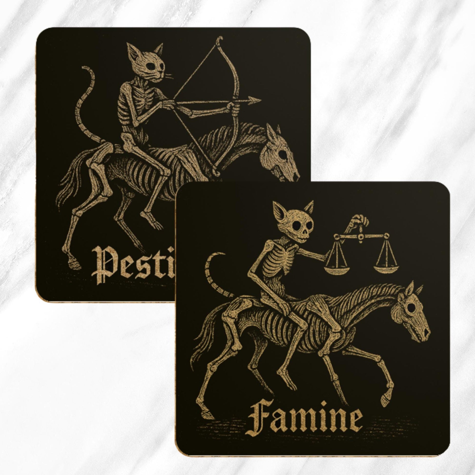 Medieval Cat Coasters Set – Four Horsemen of the Apocalypse, Dark Academia Gothic Drinks Gift