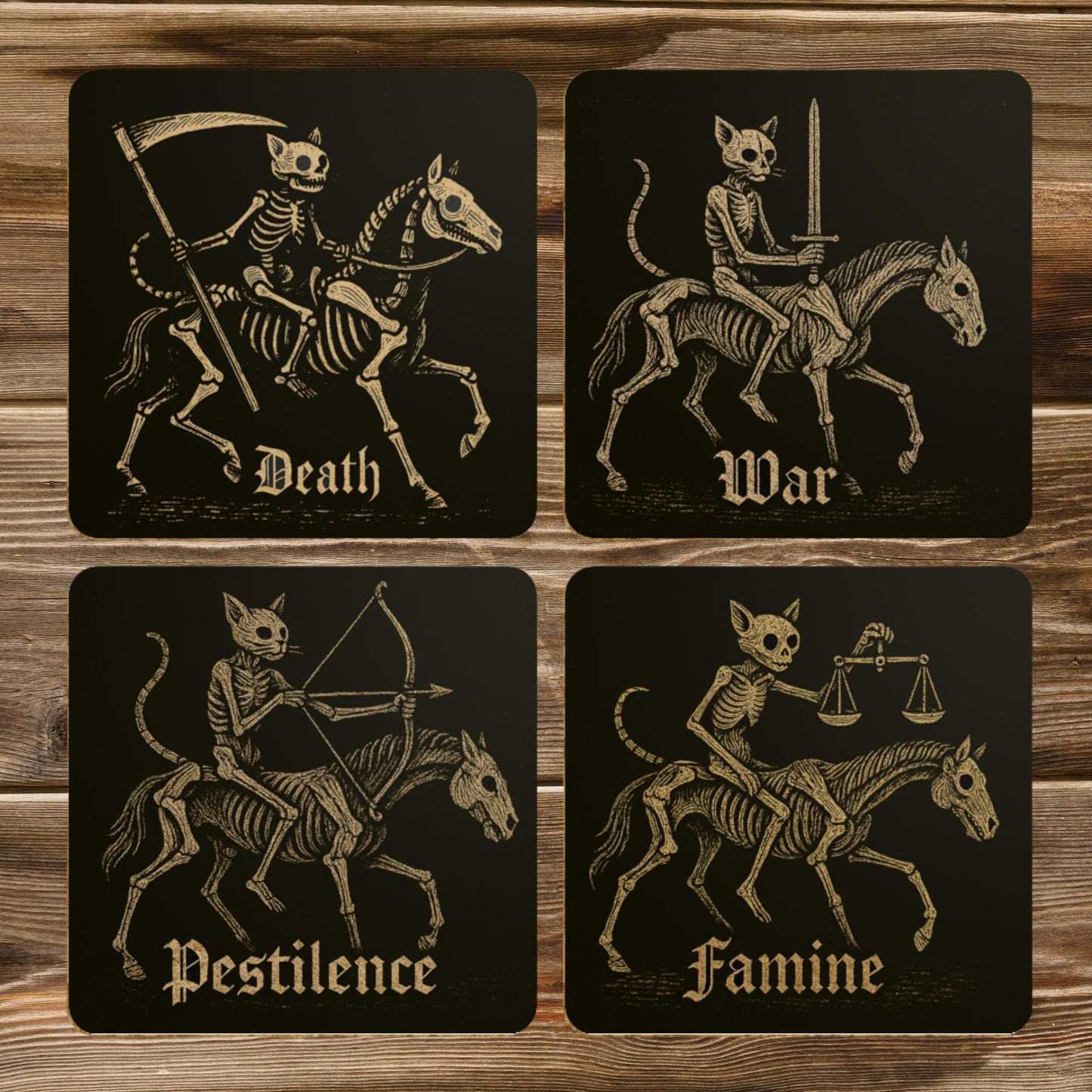 Medieval Cat Coasters Set – Four Horsemen of the Apocalypse, Dark Academia Gothic Drinks Gift