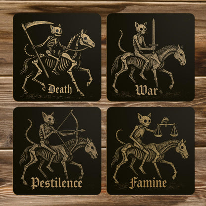 Medieval Cat Coasters Set – Four Horsemen of the Apocalypse, Dark Academia Gothic Drinks Gift